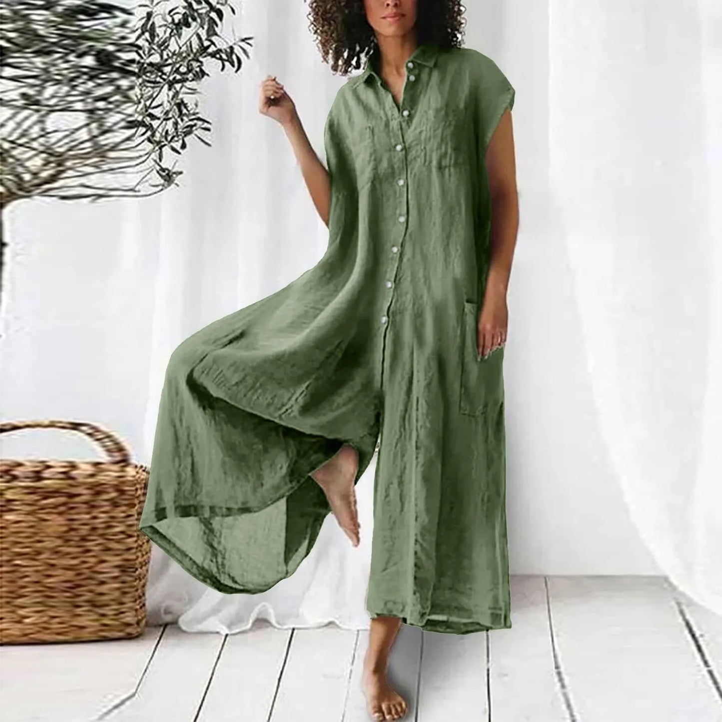 Relax Retro Loose Style Wide Leg Jumpsuits For Women Elegant Vintage Turn Down Neck Short Sleeve Boho Green Long Overalls