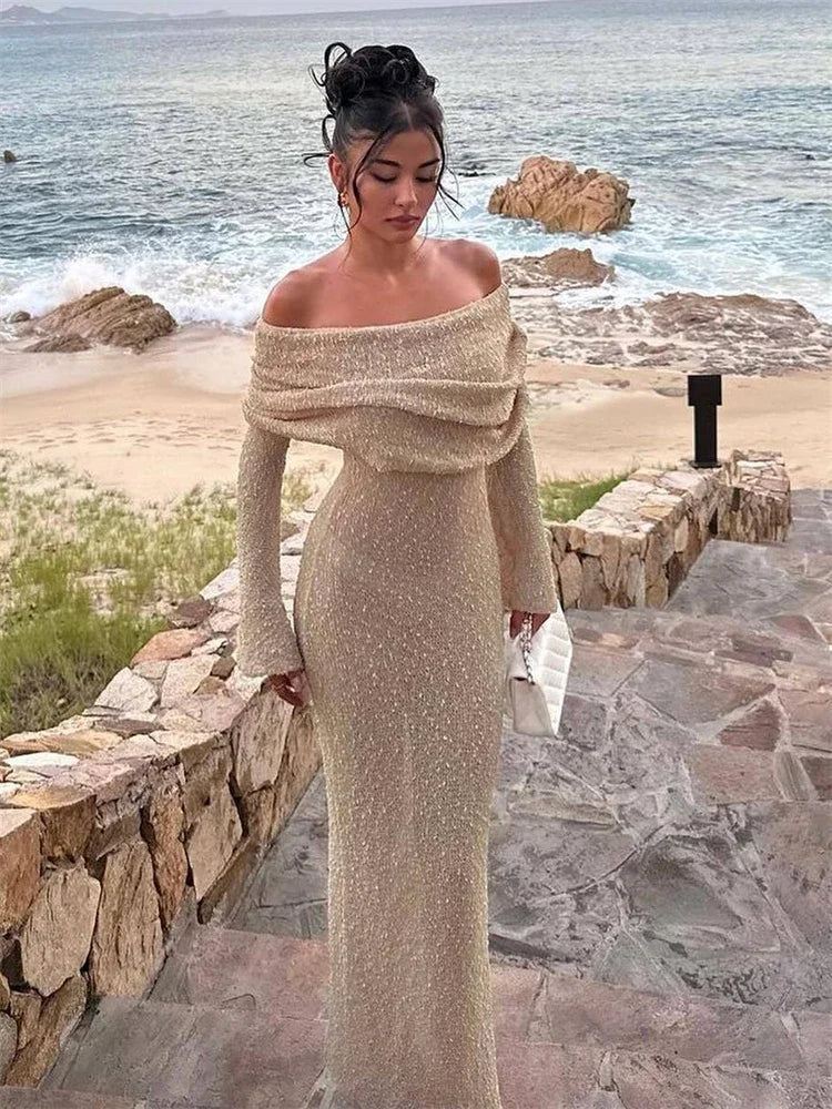 Knit Hollow Out Off-Shoulder Maxi Dress Female Cover up Loose Long Sleeve Holiday Beach Party Dress Women Knitwear Dress