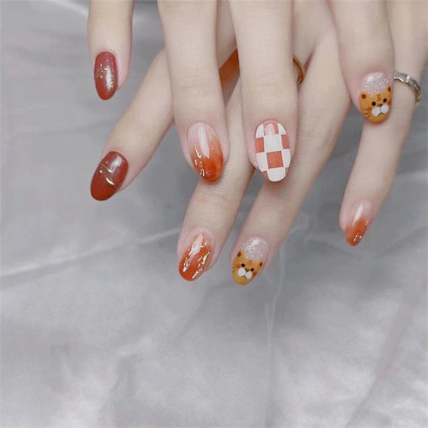 24Pcs/Set Press on Nails Gradient Point Drill Ballet Wearing False Nails Long French Stick on Nail Artificial Acrylic Fake Nails
