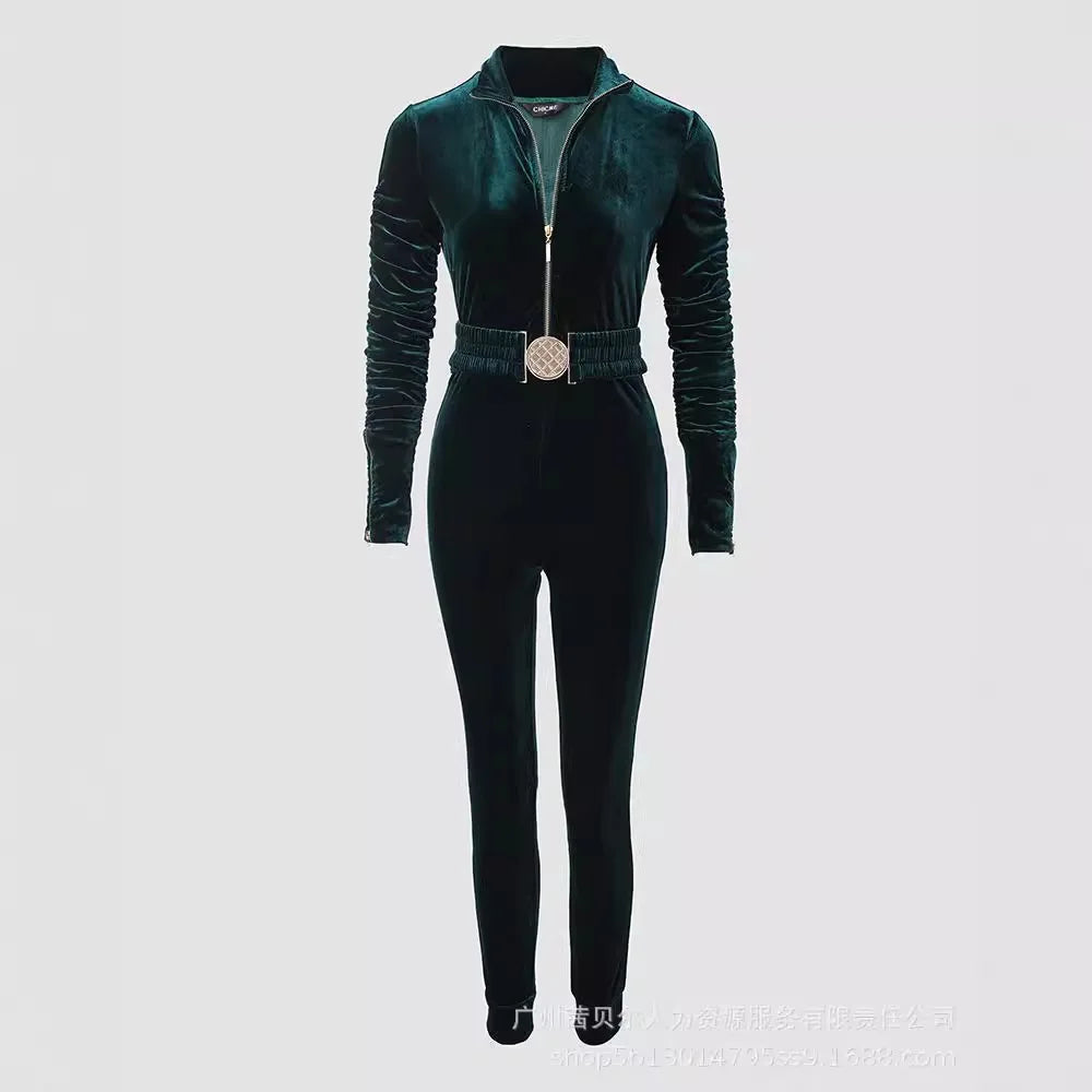 Mandylandy Sexy Velvet Bodycon Jumpsuit for Women with Zipper Design Ruched Long Sleeve and Elastic Waistbelt