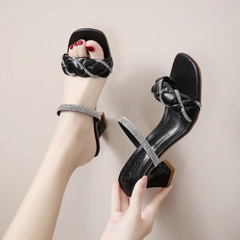Fashion Black Summer Sandals Open Toe Women Sandles Thick Heel Flip Flops Square Toe Gladiator Shoes Women Slippers