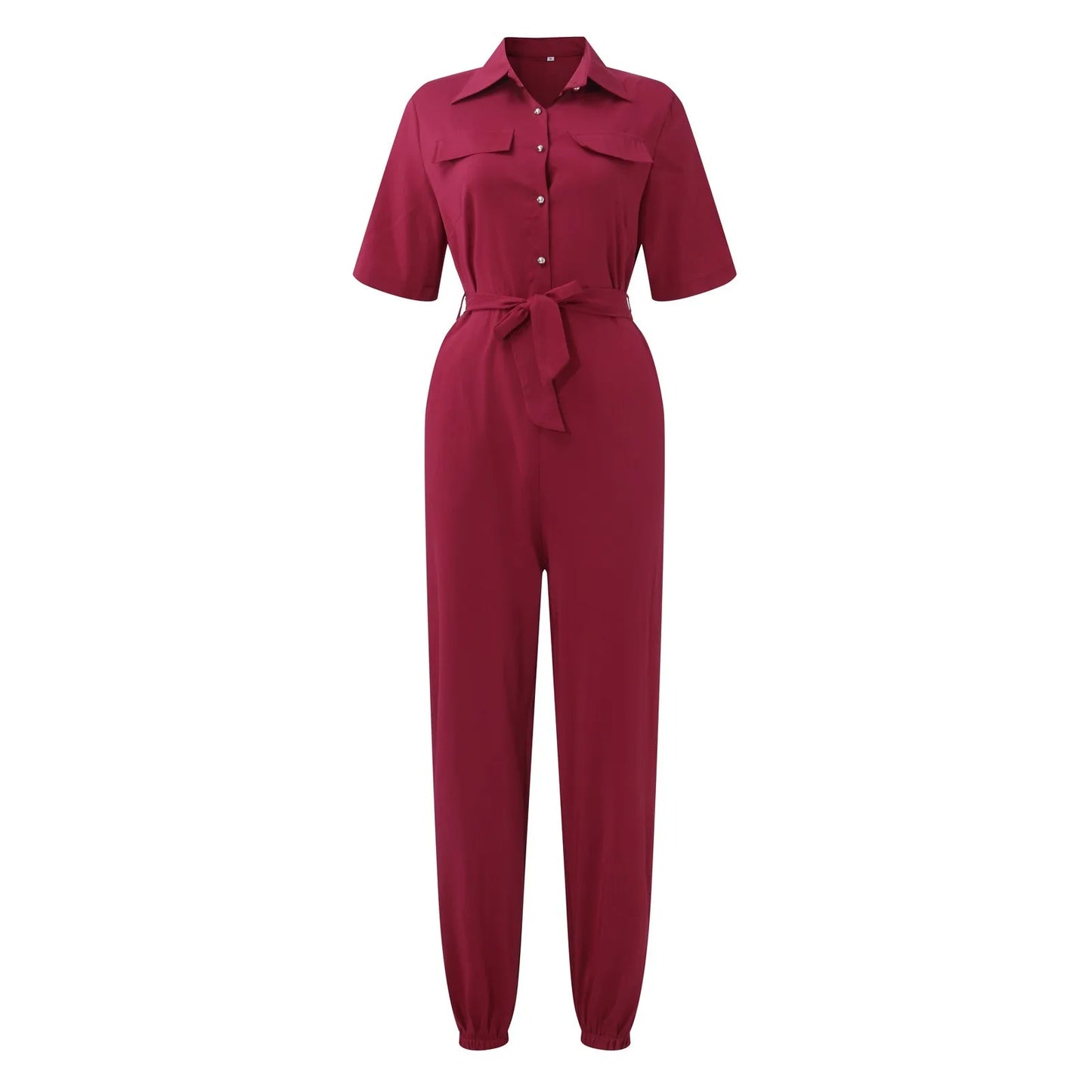 Women's Casual Lapel Lace-Up Printed Belt Short Sleeve Jumpsuit Summer Fashion Workwear Keep Short Eye Catching Junior Size