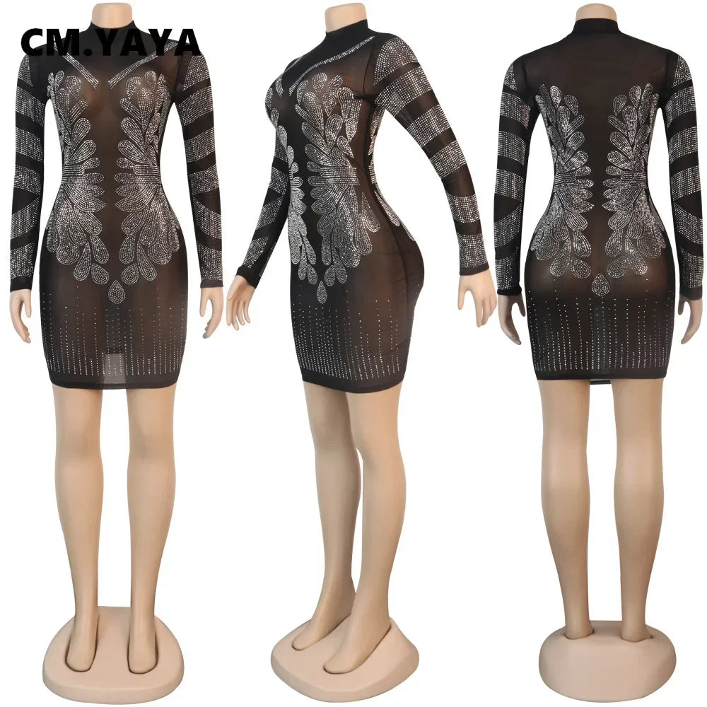 CM.YAYA Hot Rhinestones Patchwork Mesh Midi Bodycon Dress Women Sexy Club Party Nightwear Long Sleeve Mini Dresses