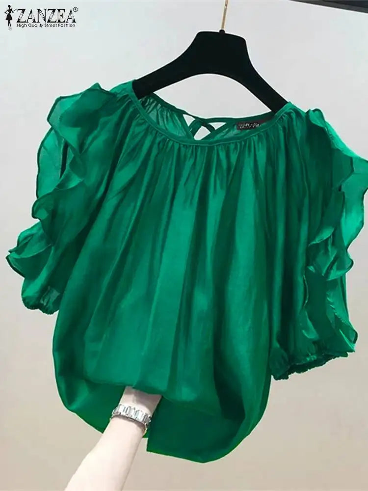 ZANZEA Women's Cold Shoulder Ruffled Blouse Half Sleeve Casual Loose Top with Back Straps Pleated Summer Tunic Fashion O-Neck