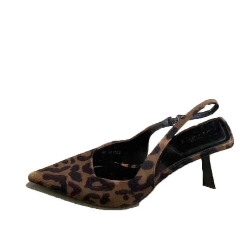 Leopard print slingback pointed-toe heel shoe, low stiletto, stylish accent accessory