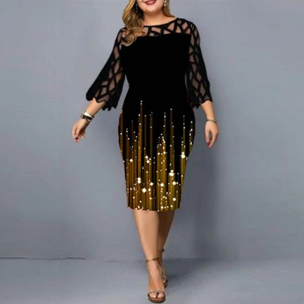 Plus Size Women Clothing Elegant Casual Party Dress Autumn/Winter Lace Print Knee-Length Flare Sleeve O-Neck