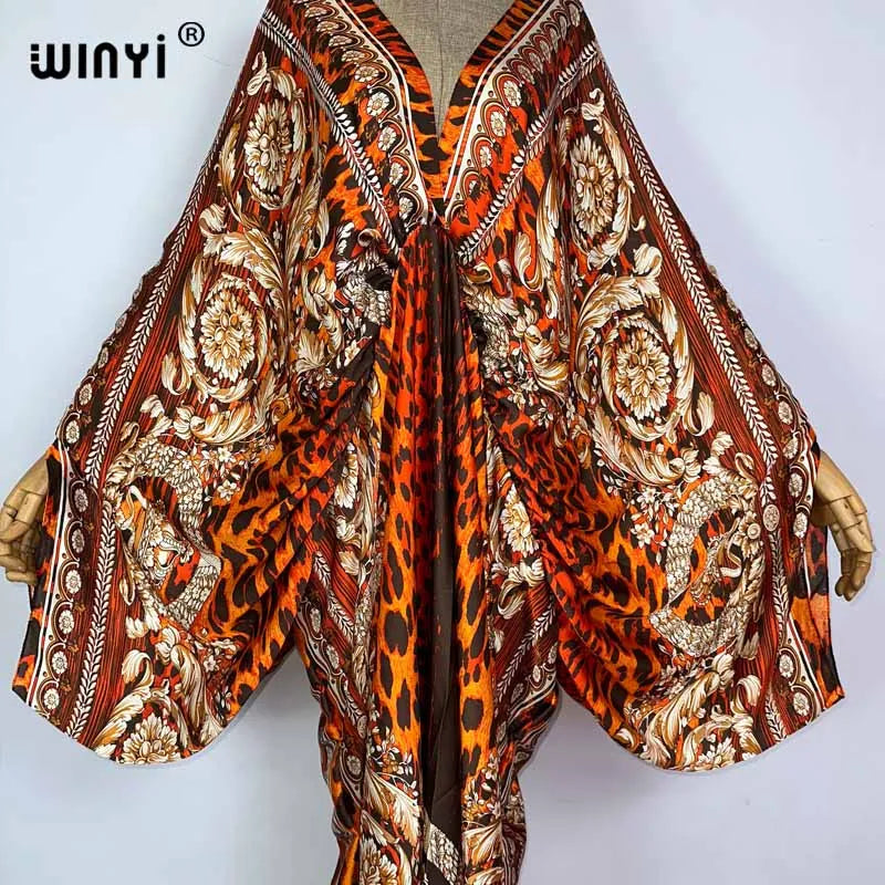 Sexy beach kaftan caftan feel silk rayon fashion print 2021 WINYI Maxi women's robes long sukienka V-neck Bohemian dress