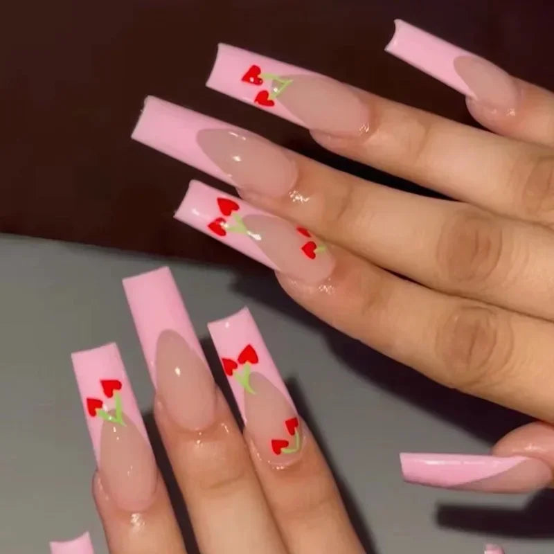24Pcs Shimmery Long Coffin False Nails with Glue Ballerina Nail Design Sweet Fashion French Press on Acrylic Nails Manicure Tips