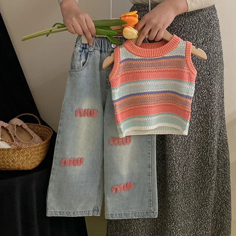 Childrens Sets Girls Knitting Vest Spring New Colour Stripe Sleeveless Versatile Tide Jeans 2024 Elastic Waist Simple
