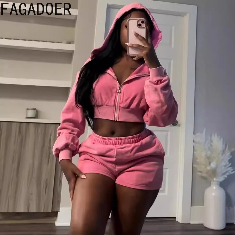 FAGADOER Autumn New Pink Two Piece Set Women Casual Outfits Long Sleeve Zip Hoodies Top and Shorts Suits Girls Sports Streetwear