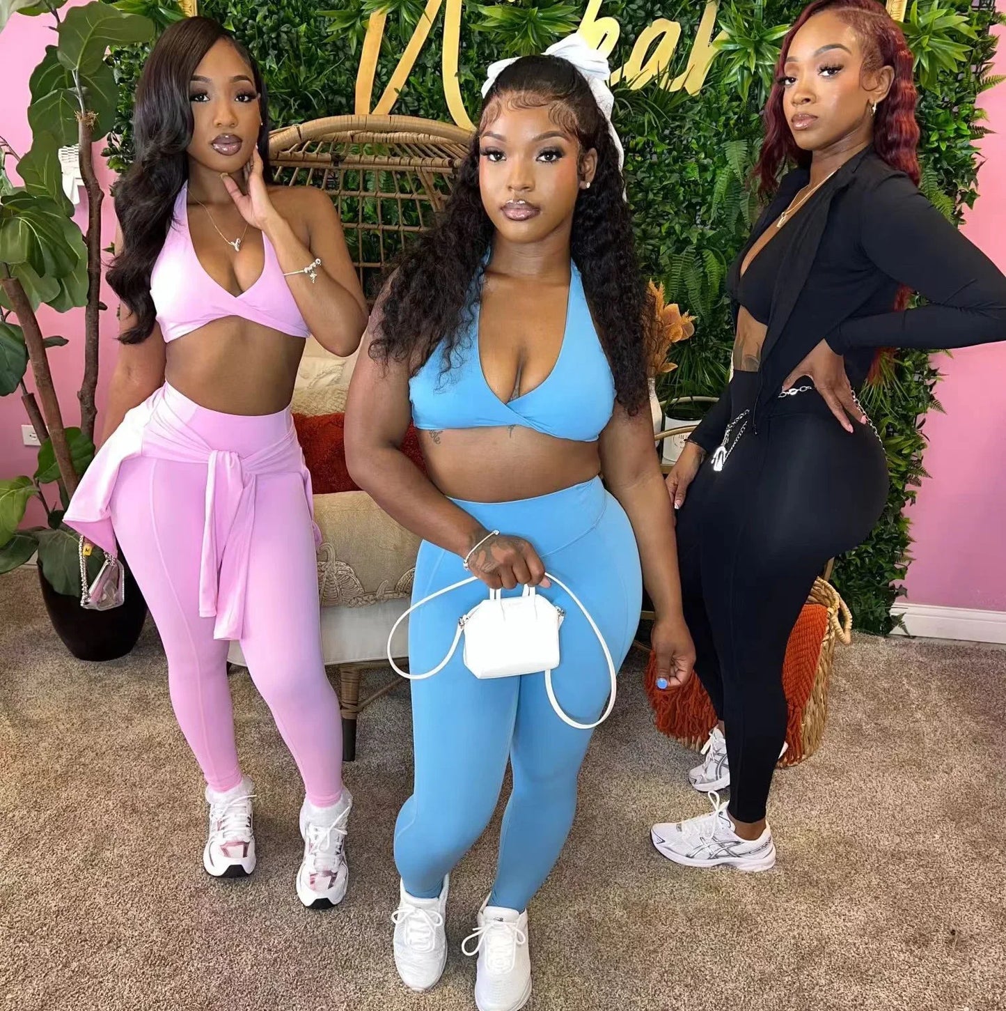 Solid Women Tracksuits Slim 3 Piece Sets Tank Crop Tops + Zipper Long Sleeve Jackets + High Waist Flare Pants Suits