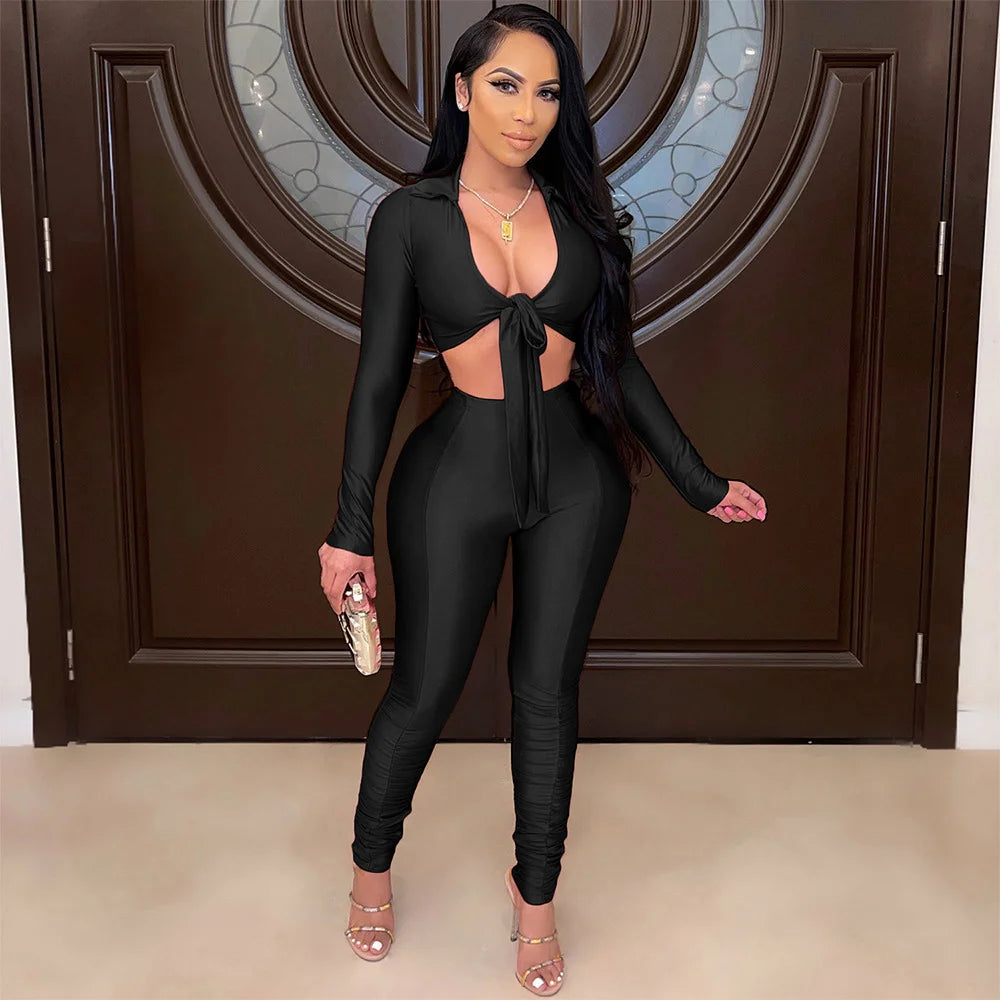 Women's Fashion Casual Slim Fit Two-Piece Set Open Shirt Butterfly Knot Long Sleeve Top with Long Pants Eye-Catching Streetwear