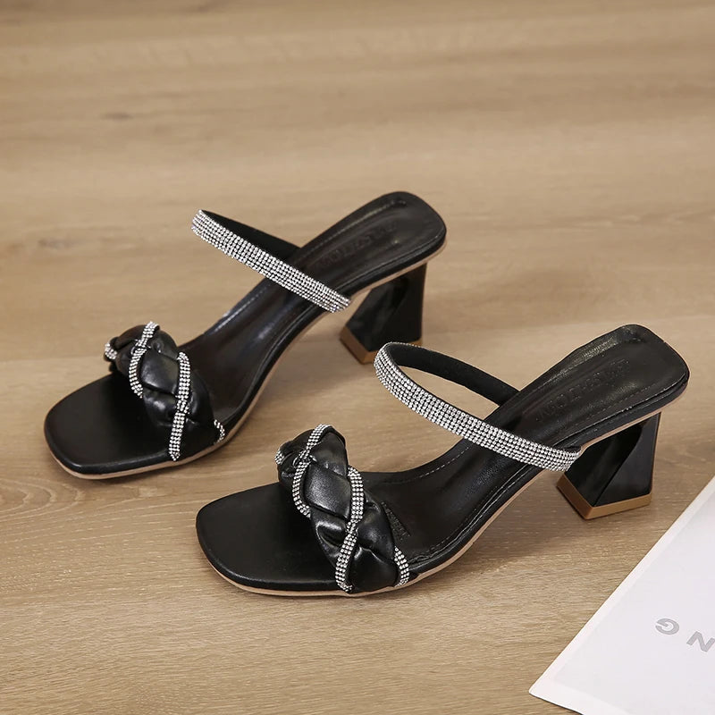Fashion Black Summer Sandals Open Toe Women Sandles Thick Heel Flip Flops Square Toe Gladiator Shoes Women Slippers