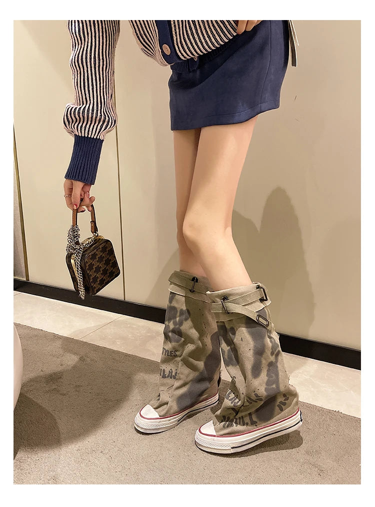 Women's Spring Graffiti High Canvas Boots Round Head Middle Follow Anti-slip Boots Women Leisure Fashion Rubber Sole Botas Mujer