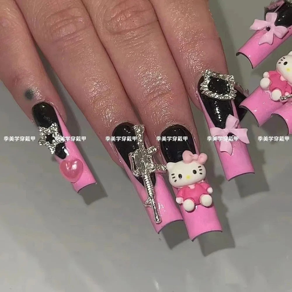 Xxl Euro-Americaen Long Square Cartoon Fake Nails Hello Kitty Mymelody Kuromi Luxury Diamond Handmade Nail Tips Party Sticker