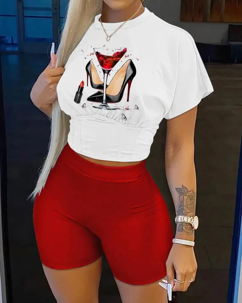 Women's Summer Casual O-Neck Short Sleeve T-shirt Shorts Set Letter Print Slim Fit Office Outfit Polyester Blend Short Set