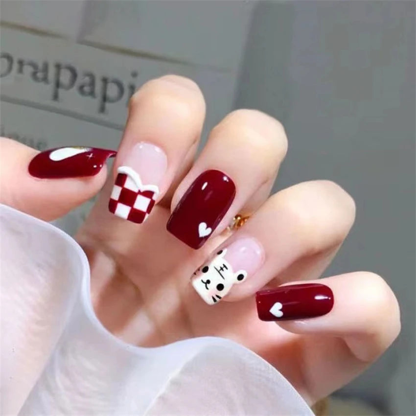 24Pcs/Set Press on Nails Gradient Point Drill Ballet Wearing False Nails Long French Stick on Nail Artificial Acrylic Fake Nails