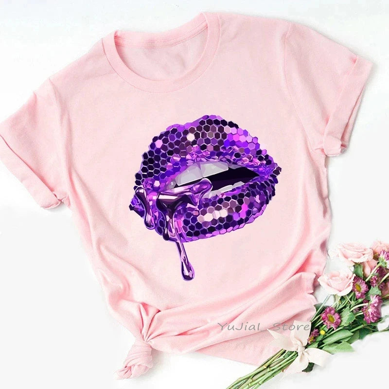 Pink Glitter Lips Graphic Print Tshirt Women'S Clothing Luxurious Makeup T Shirt Haut Femme Aesthetic Clothes T-Shirt
