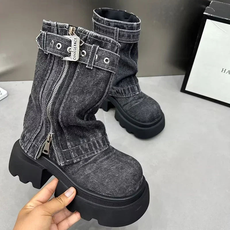 Women Cowboy Mid-calf Boots Zipper Platform Mid Heels Designer Shoes Winter New Motorcycle Boots 2024