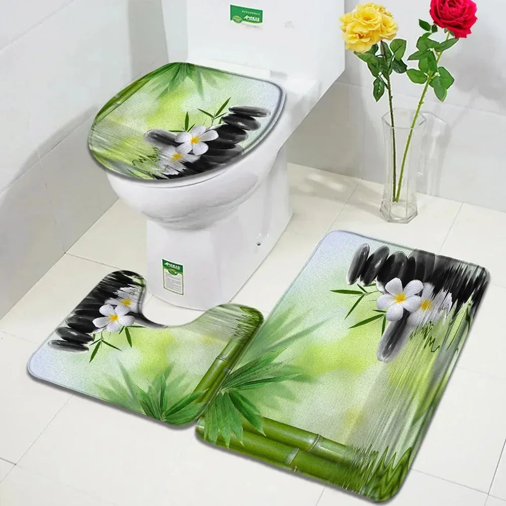 Zen Bath Mat Set Pink Lotus Orchid Grey Stone Green Bamboo Home Carpet White Bathroom Decor Flannel Floor Rugs Toilet Lid Cover