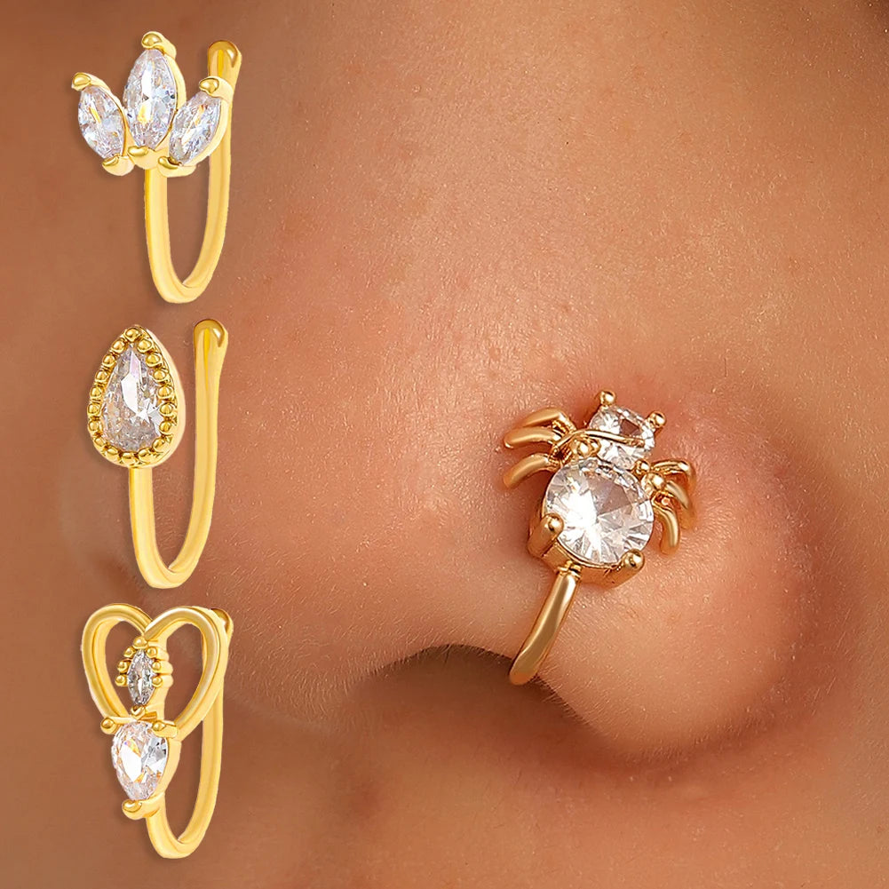1PC Copper Fake Piercing Nose Ring Butterfly Crown Clip On Nose Ear Clip Cuff Earrings for Women Kids Gift Body Jewelry nariz