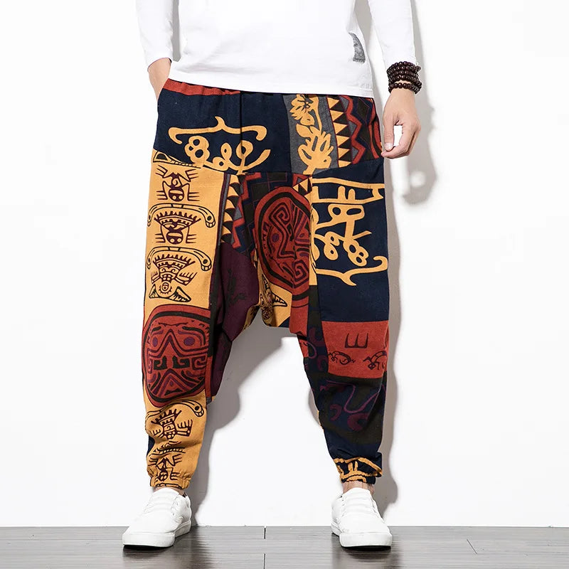 Cotton Linen Harem Pants Men Elastic Waist Streetwear Floral Joggers 2023 New Baggy Drop-crotch Pants Casual Trousers Men
