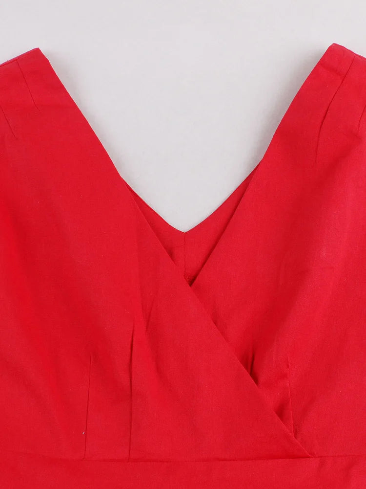 Tonval Red Pleated Plain Solid Vintage Dress Women Wrap V-Neck Belted Elegant Party Retro Cotton Summer Dresses
