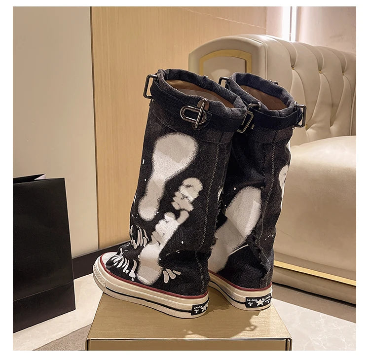 Women's Spring Graffiti High Canvas Boots Round Head Middle Follow Anti-slip Boots Women Leisure Fashion Rubber Sole Botas Mujer