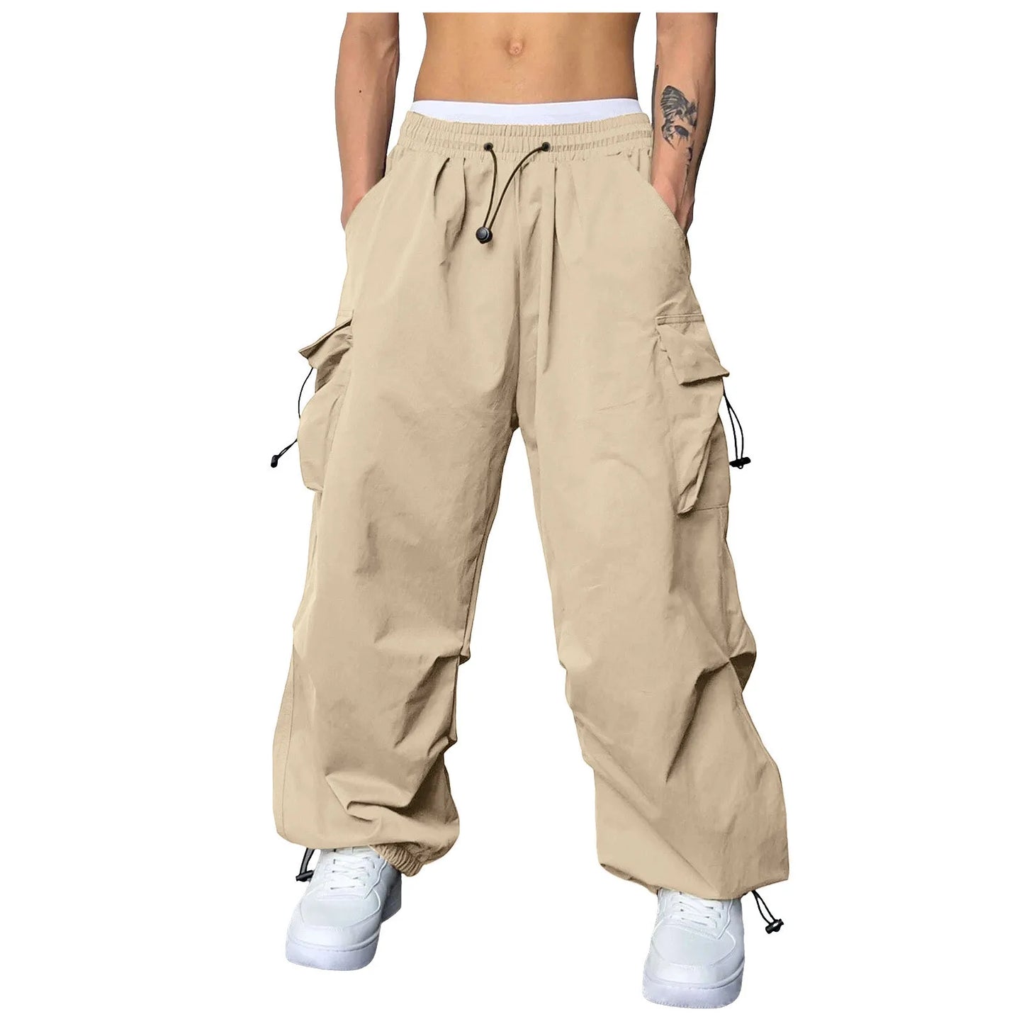 Oversized Men's Casual Pants Woven Pocket Foot Rope Solid Color Street Cargo Pants