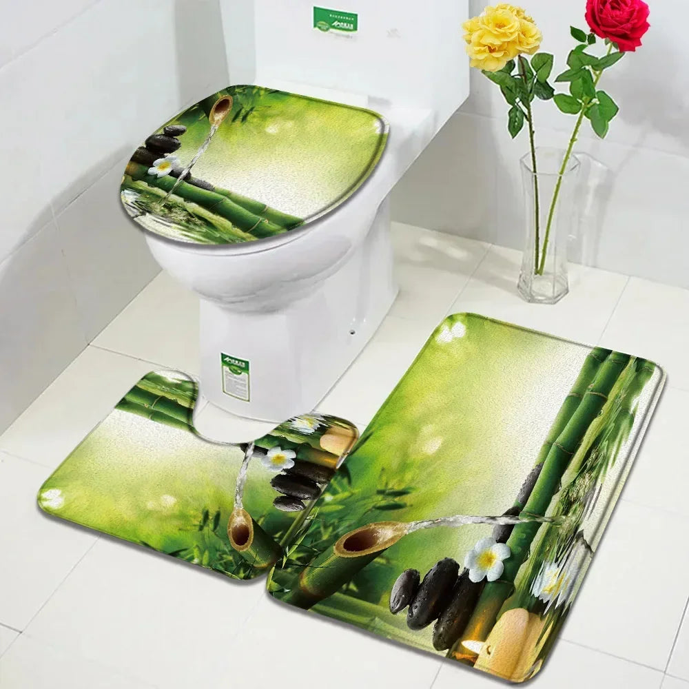 Zen Bath Mat Set Pink Lotus Orchid Grey Stone Green Bamboo Home Carpet White Bathroom Decor Flannel Floor Rugs Toilet Lid Cover