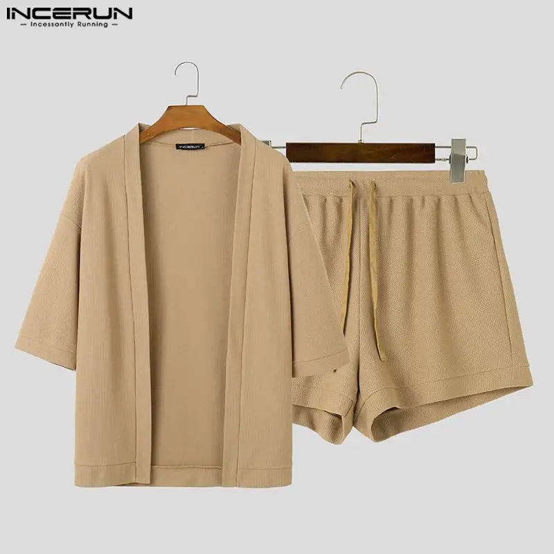 Men Sets Solid Color Streetwear Summer Half Sleeve Cardigan & Drawstring Shorts Two Pieces Sets 2023 Men's Casual Suits INCERUN