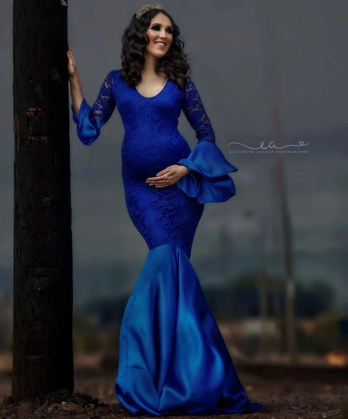 Hot! Women's Off Shoulder Lace Mermaid Maternity Maxi Dress V Neck Ruffle Long Sleeve Slim Fit Gown for Photography Baby Shower