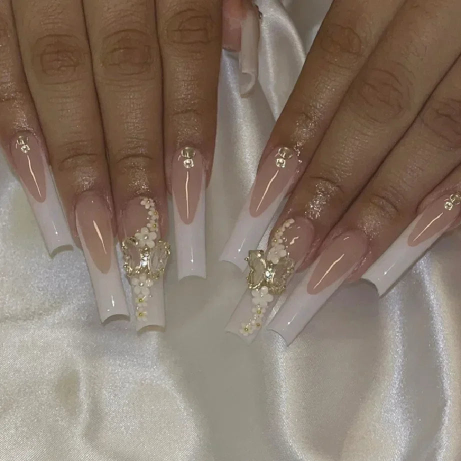 24Pcs Shimmery Long Coffin False Nails with Glue Ballerina Nail Design Sweet Fashion French Press on Acrylic Nails Manicure Tips
