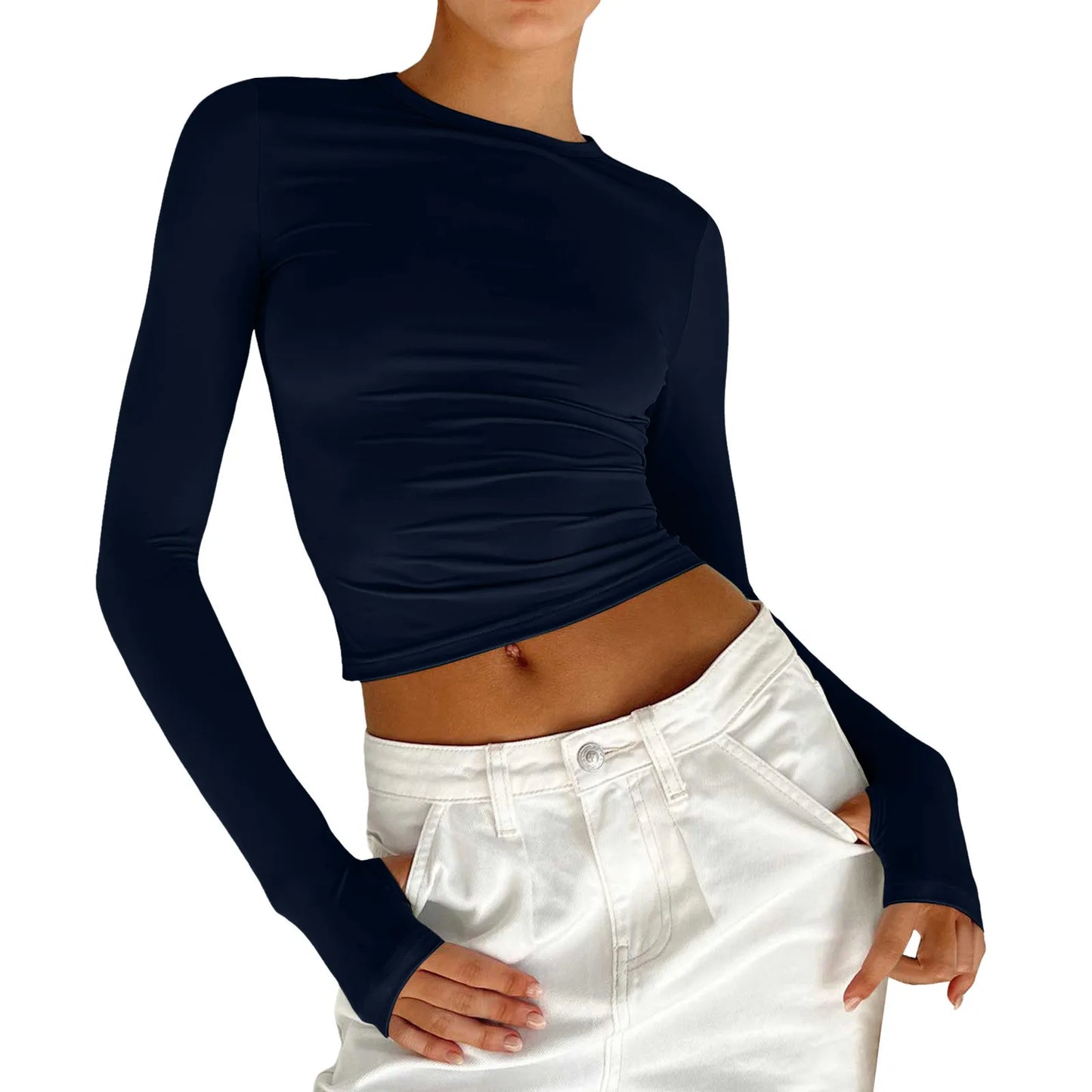 Women's Spring Fall Casual Slim Fit Basic Crop Tops Solid Long Sleeve Crew Neck Pullover Tight Tee Shirts Show Navel T-Shirt Y2K