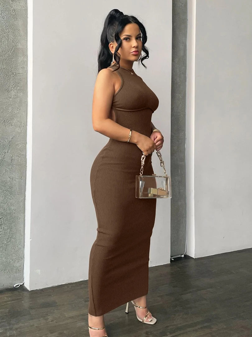 Hugcitar Ribbed Solid Hollow Out Backless Sleeveless Sexy Slit Dress Bodycon 2025 Summer Women Outfits Elegant Party Y2K