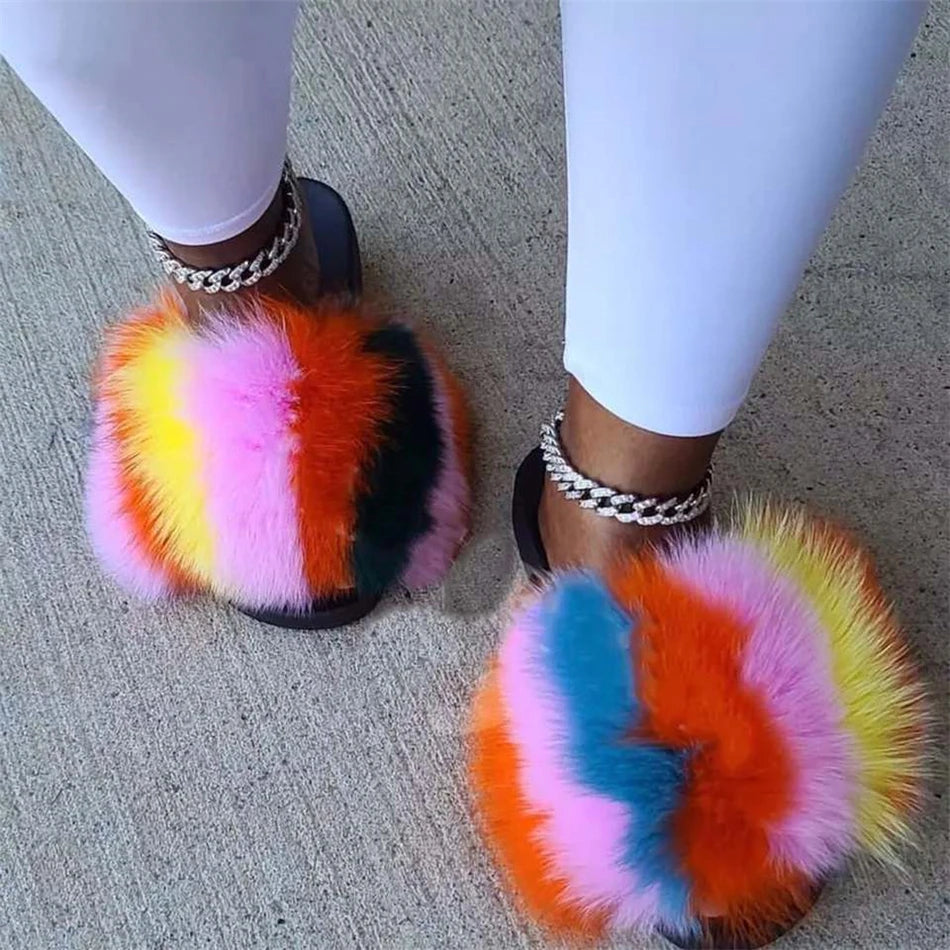 Hot Sale Summer Women Fox Fur Slippers Furry Slippers Designer Fur Slides Girls Black Fur Slides Gorgeous Big Fur Slides Sandal
