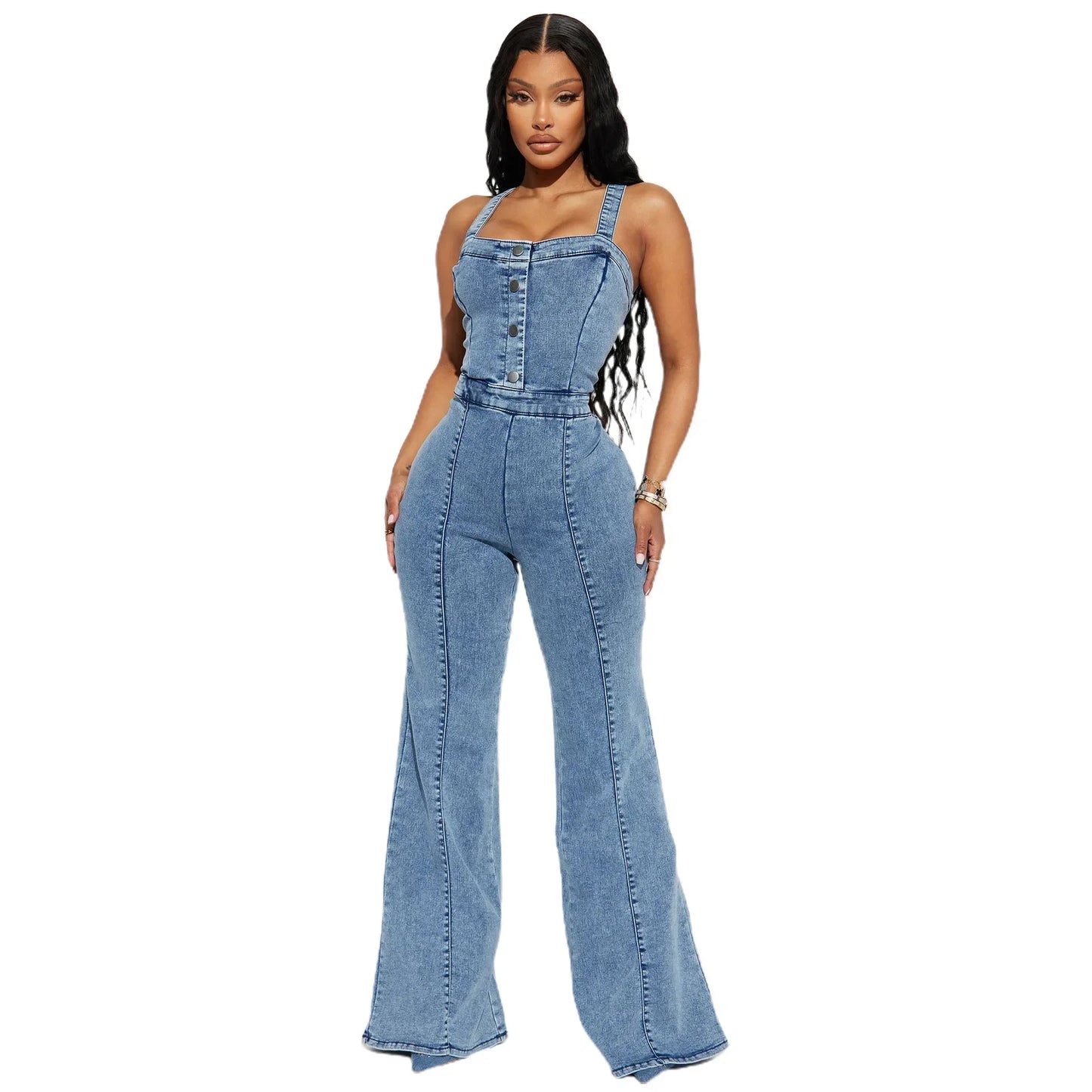 Women Sexy One Piece Sleeveless Tight High Waist Suspenders Overalls Slim Denim Jumpsuits Flared Long Pants Rompers