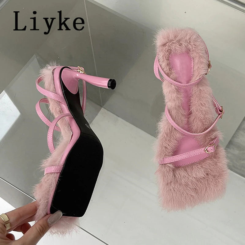 Liyke Size 35-40 Summer Party Dress Pink Sandals Women 2025 Fashion Fur Feather Thin High Heels Square Toe Buckle Strap Shoes