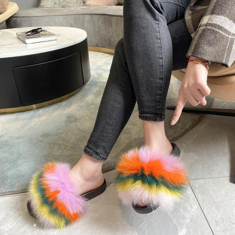 Rainbow Fur Slides Women's Furry Plush Raccoon Fox Fur Slippers Indoor Flat Non-Slip Summer Beach Flip Flops Large Size Sandals