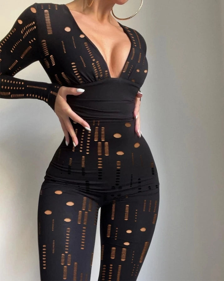 Autumn Fashion Women's Long Sleeve Jumpsuit with Tribal Pattern and Mesh Patch European and American Style for Ladies