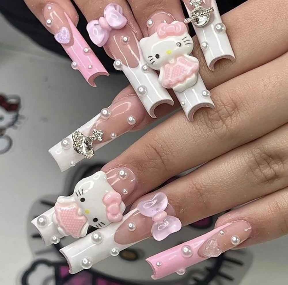 Xxl Euro-Americaen Long Square Cartoon Fake Nails Hello Kitty Mymelody Kuromi Luxury Diamond Handmade Nail Tips Party Sticker