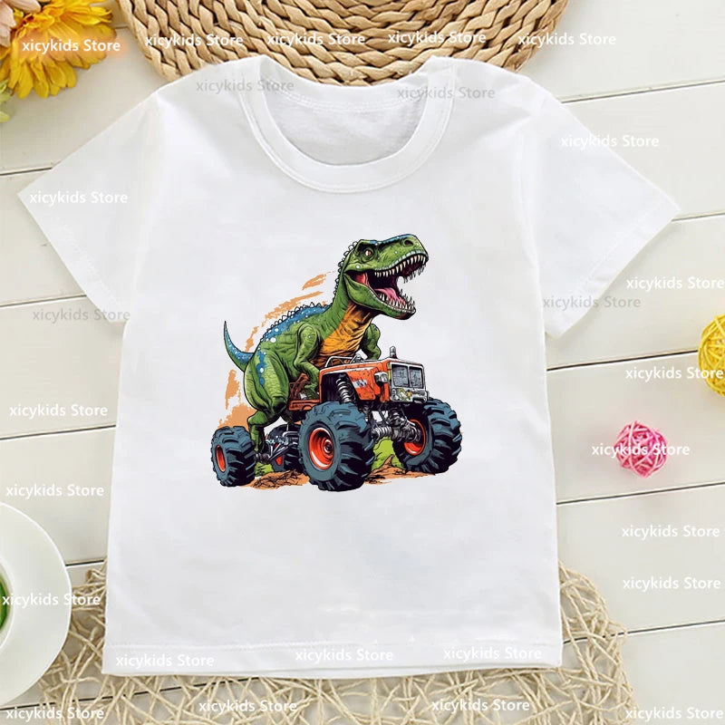 Cute Monster Truck T-Shirt for Kids Harajuku Style Dinosaur Print Suitable for Girls Boys Funny Children's Clothing
