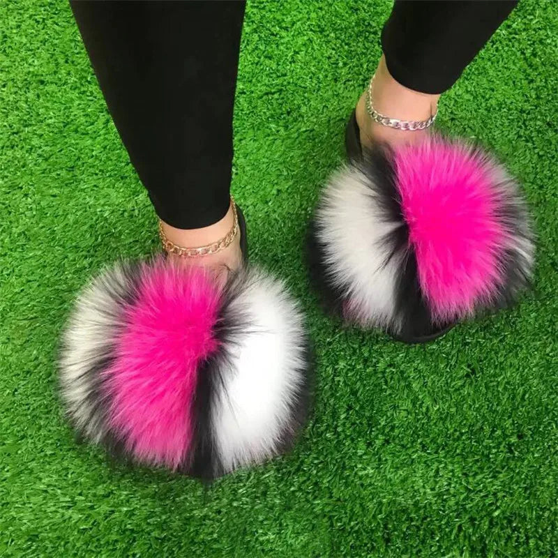 Hot Sale Summer Women Fox Fur Slippers Furry Slippers Designer Fur Slides Girls Black Fur Slides Gorgeous Big Fur Slides Sandal