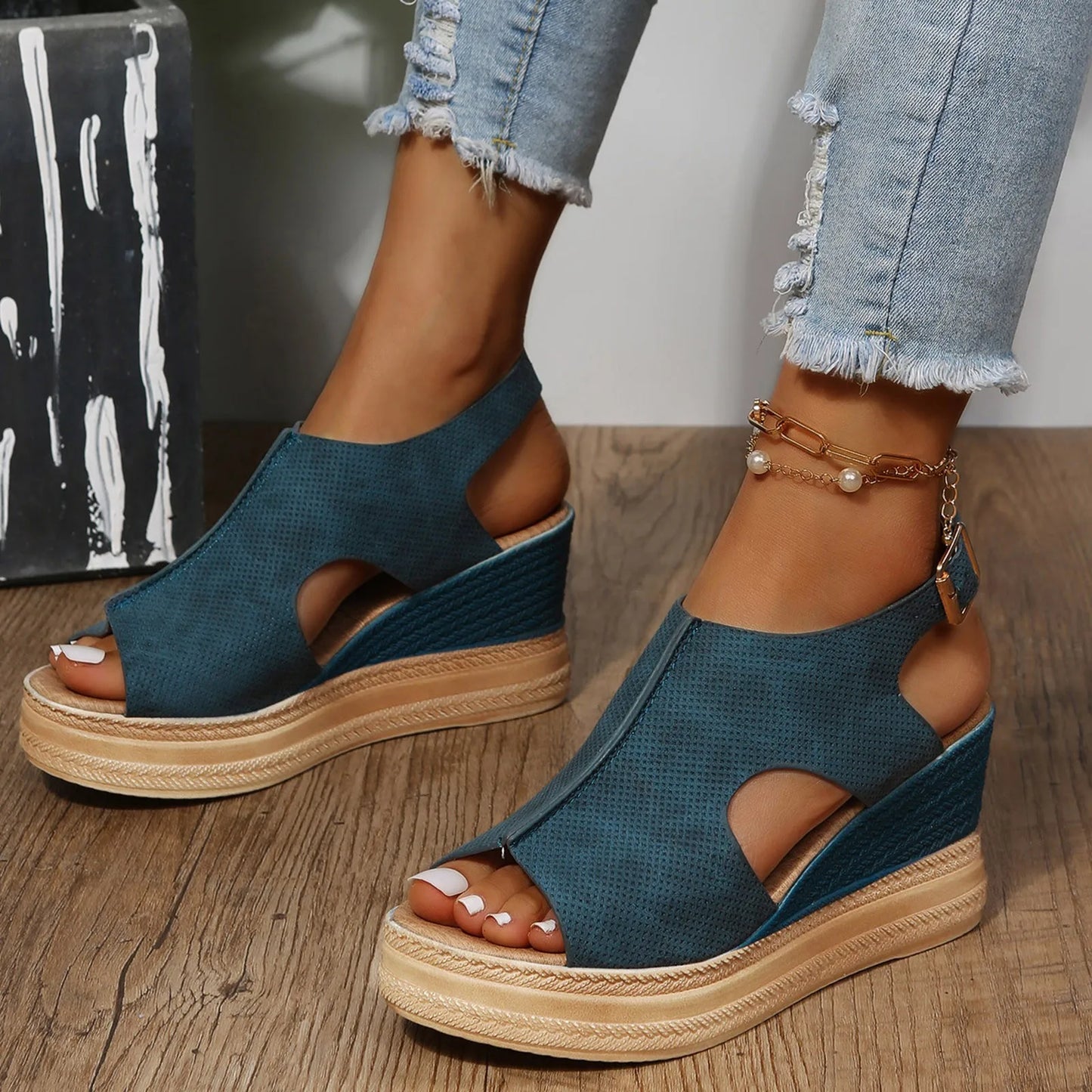 Summer Plus Size Wedge High Heels Sandals Women 2024 Peep Toe Platfrom Sandals Woman Buckle Strap Non Slip Beach Sandles Mujer