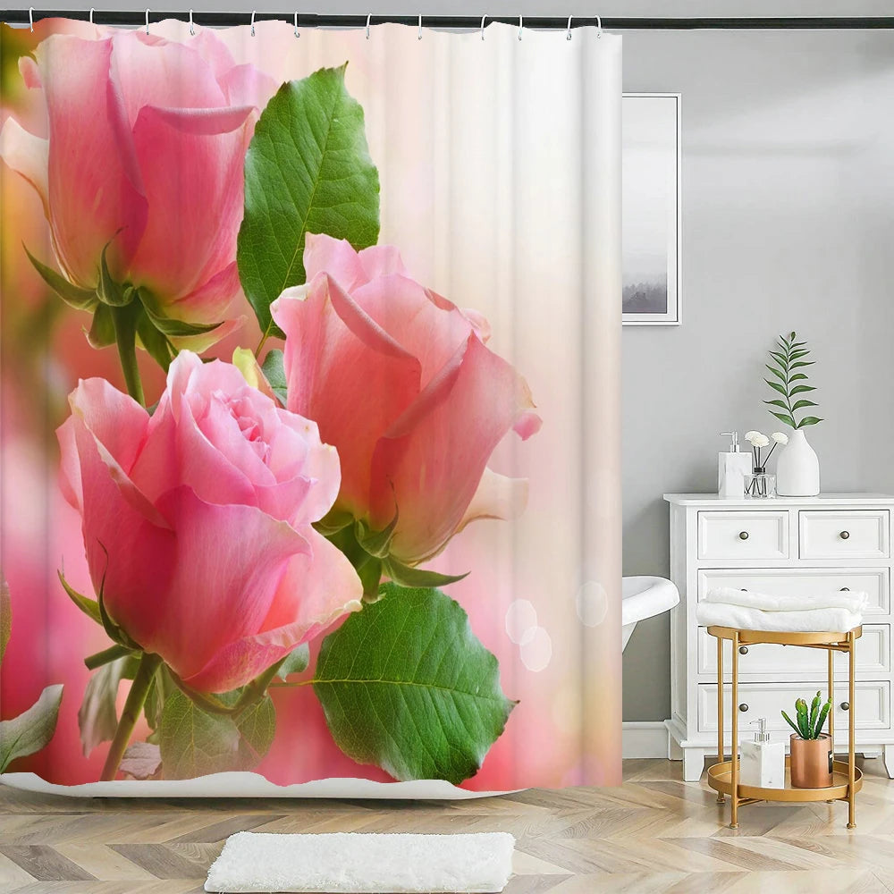 Butterfly Rose Flower Printed Waterproof Bathroom Shower Curtain Set Non-Slip Bath Mat Rug Sets Toilet Cover Bathroom Decor