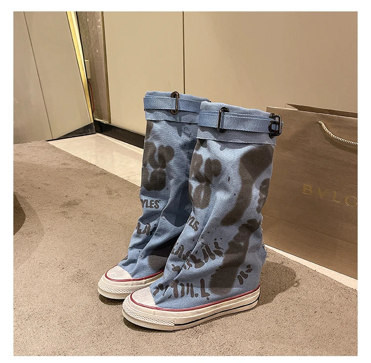 Women's Spring Graffiti High Canvas Boots Round Head Middle Follow Anti-slip Boots Women Leisure Fashion Rubber Sole Botas Mujer