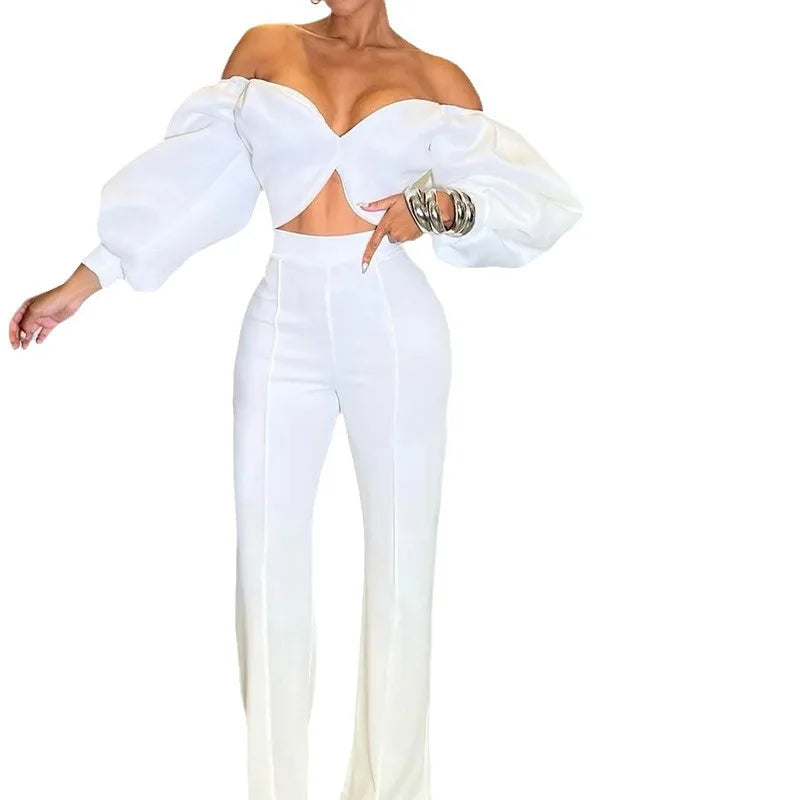 Pant Set Women Two Piece Sets Slim Fit Off Shoulder Sexy Puff Sleeve V Neck Tops High Waist Elegant Splice Straight Long Pants