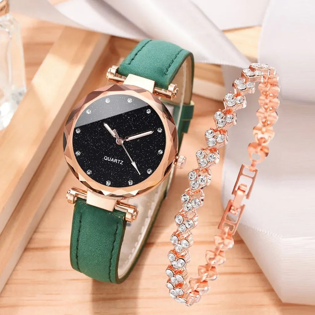 Luxury Fashion Women's Watch Set 2pcs PU Leather Strap Quartz Wristwatch with Rhinestone Rosegold Alloy Bracelet for Ladies Gift