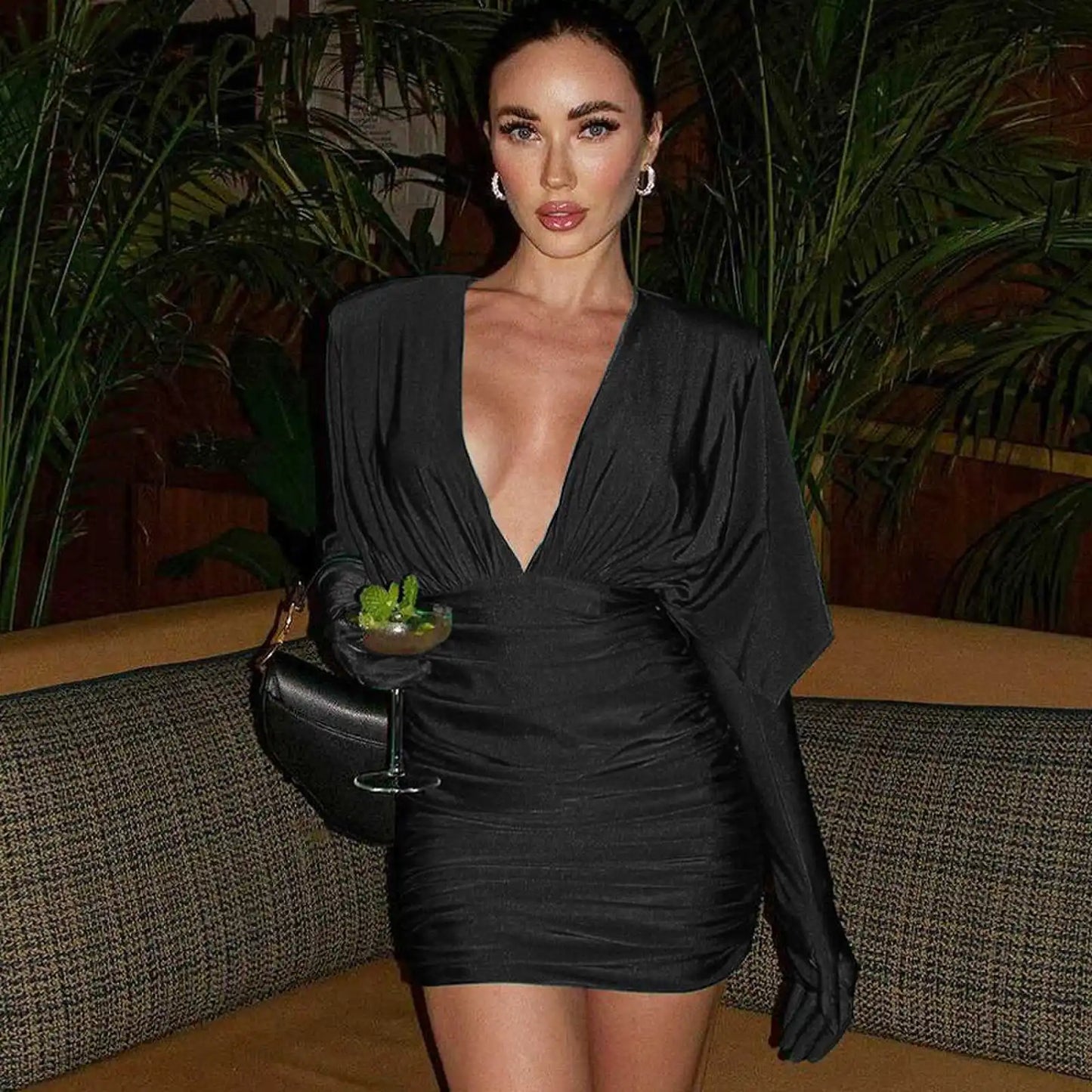 Cryptographic Fashion Sexy V Neck Bodycon Mini Dress for Women Elegant Gown Party Club Outfits Draped Gloves Dresses Clothes