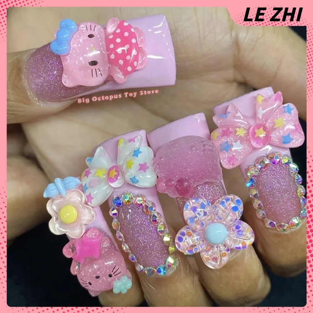 Xxl Euro-Americaen Long Square Cartoon Fake Nails Hello Kitty Mymelody Kuromi Luxury Diamond Handmade Nail Tips Party Sticker